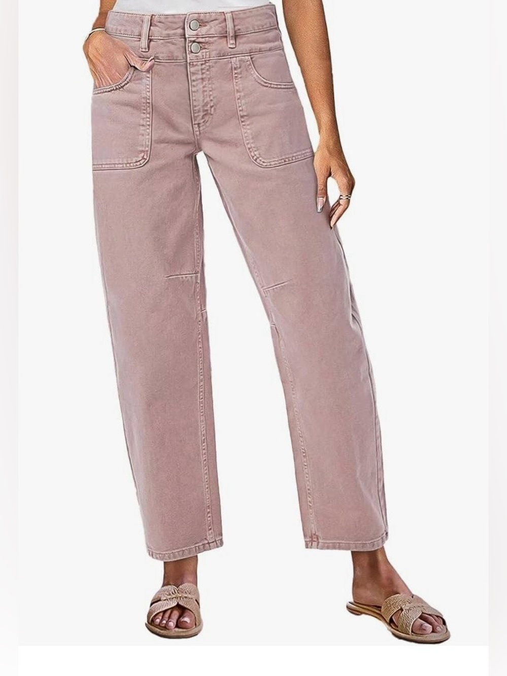 Flamingals Mid Rise Barrel Cropped Jeans in Dusty Rose